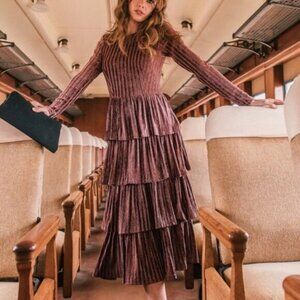 Jessa Kae Eiffel Midi Dress Velvet Tiered Ruffles Whimsigoth Dark Romance Pink